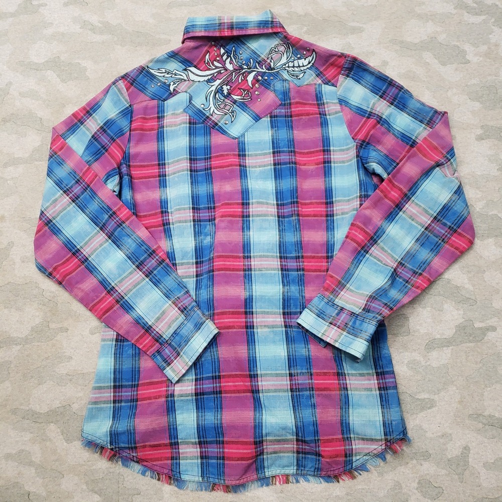 Rock 47 by Wrangler Top Womens Medium Blue Pearl Snap Long Sleeve Plaid Cowgirl - Picture 6 of 11